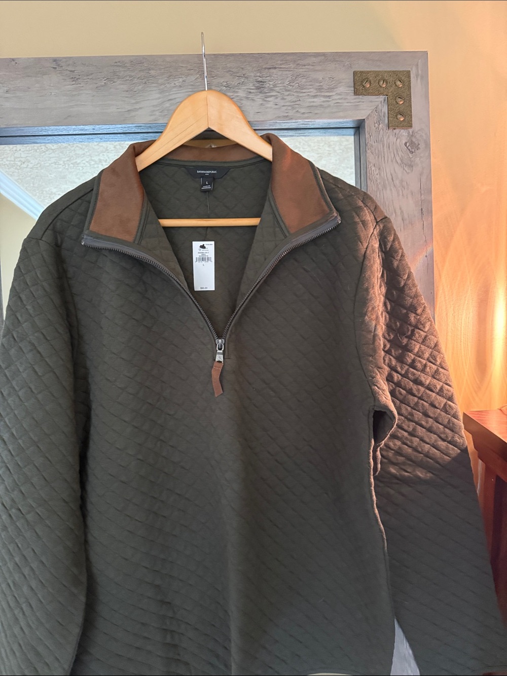 Banana Republic Olive Quilted Quarter -Zip Sweater with Brown Collar